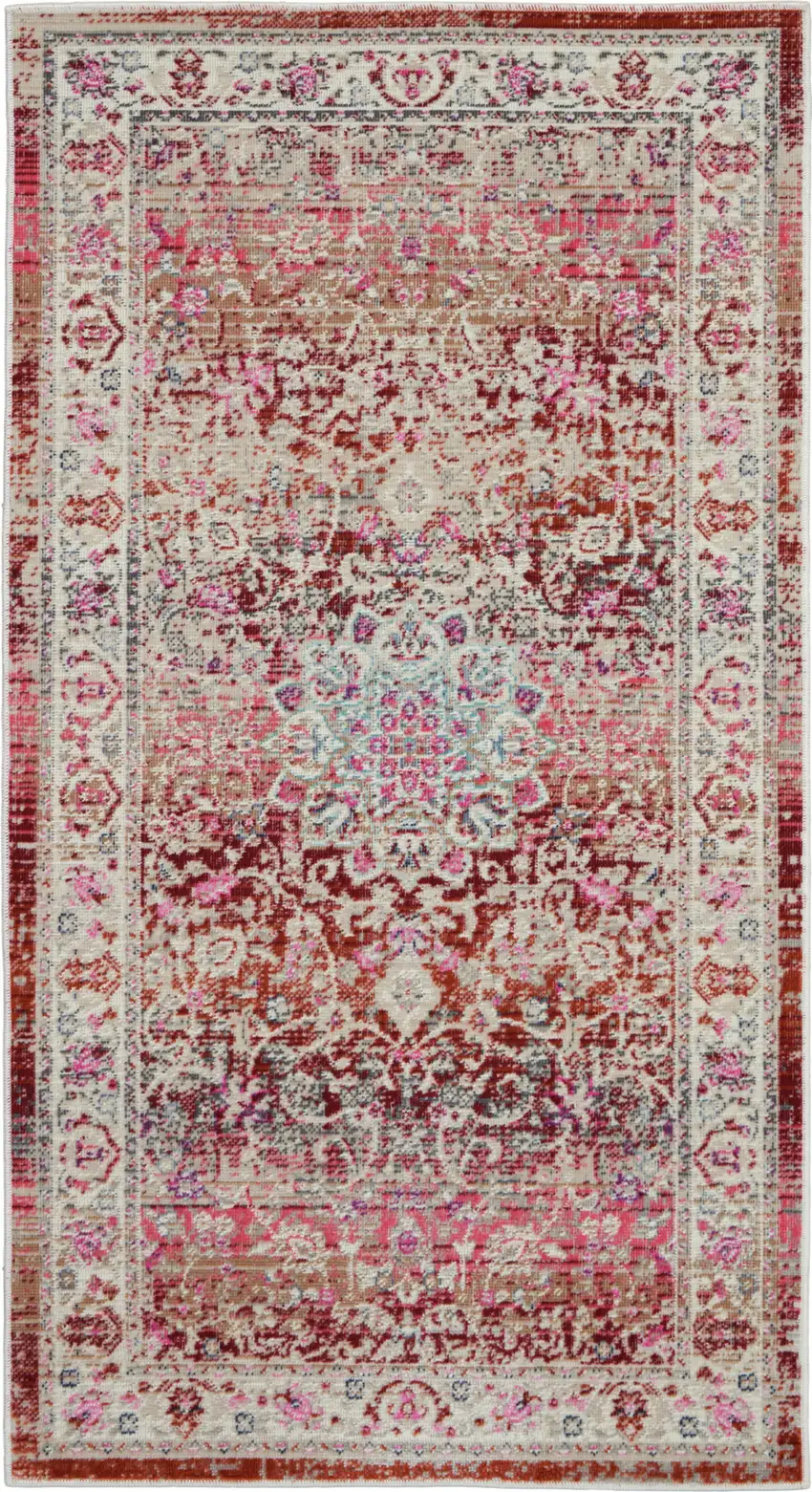 Ivory And Red Floral Distressed Area Rug Photo 1