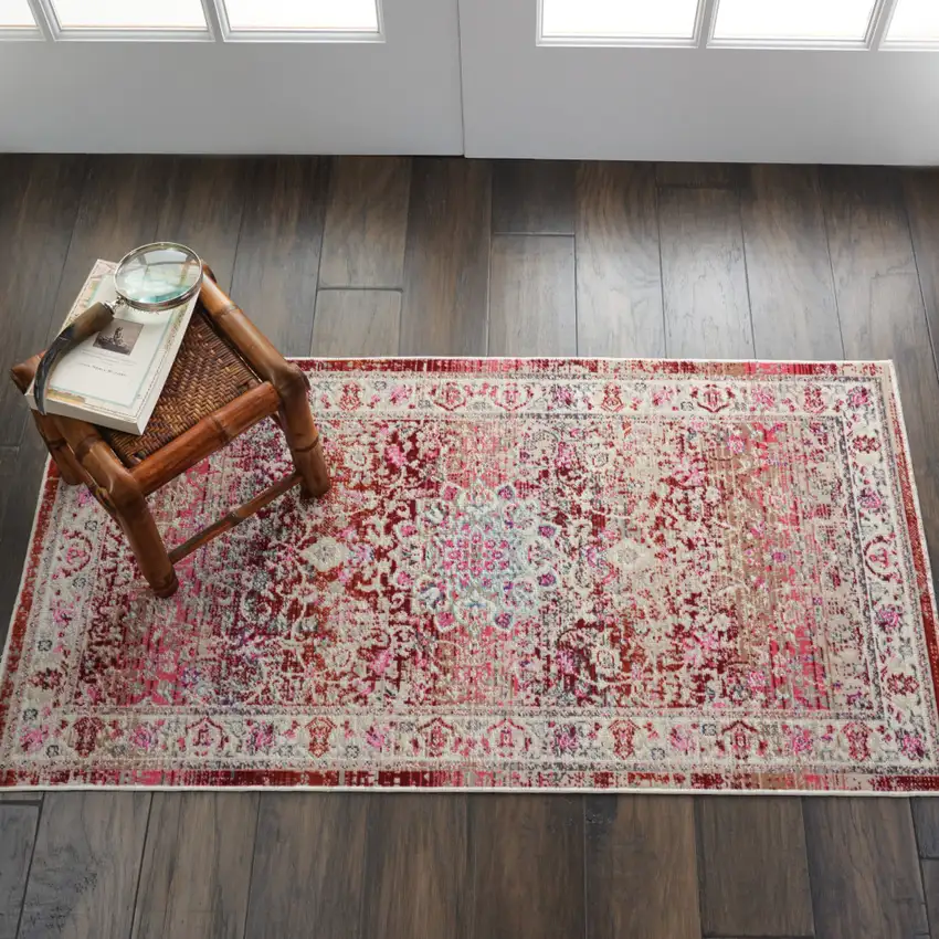 Ivory And Red Floral Distressed Area Rug Photo 6