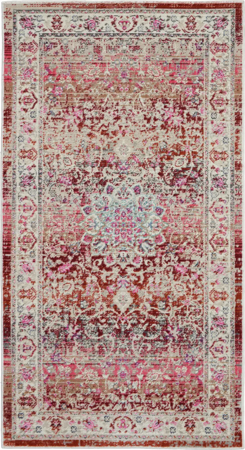 Ivory And Red Floral Distressed Area Rug Photo 2