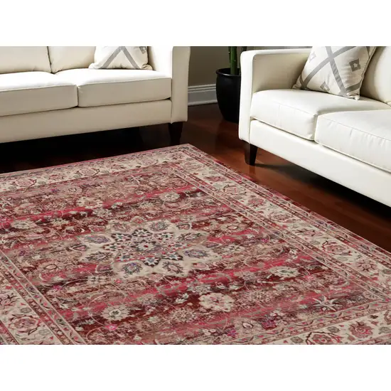 Ivory And Red Floral Distressed Non Skid Area Rug Photo 1