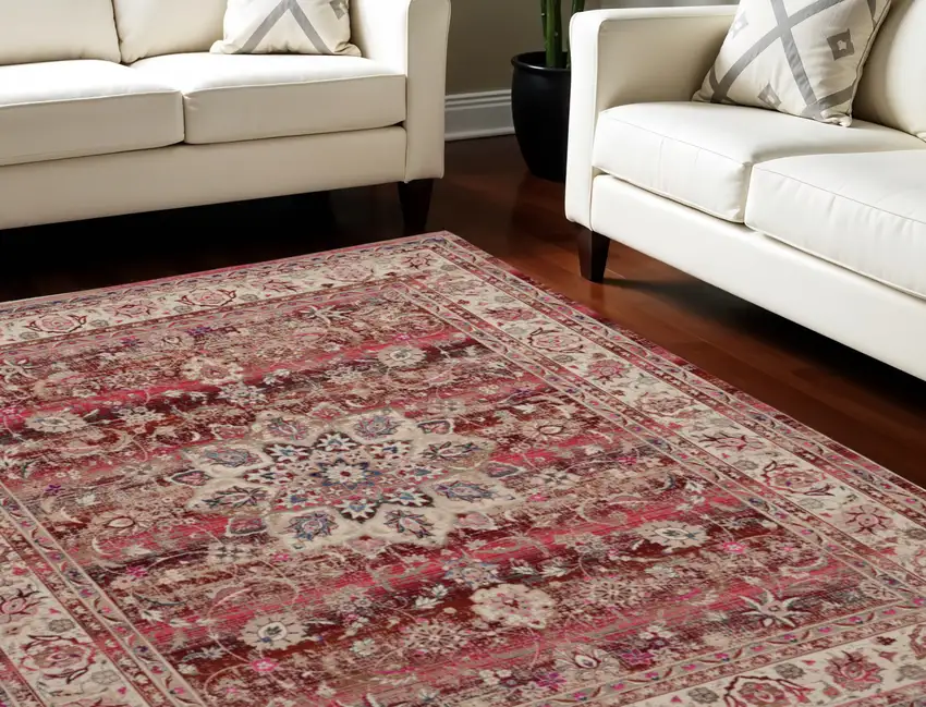 Ivory And Red Floral Distressed Non Skid Area Rug Photo 1