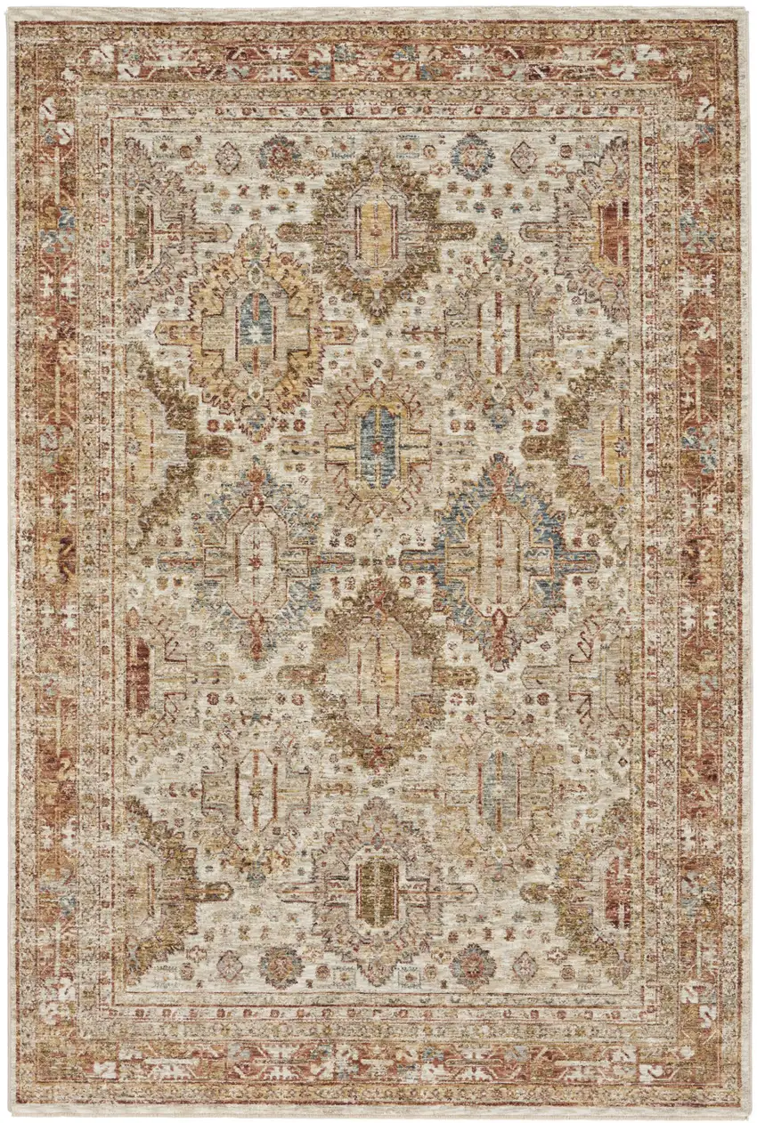 Ivory And Red Geometric Distressed Area Rug Photo 3