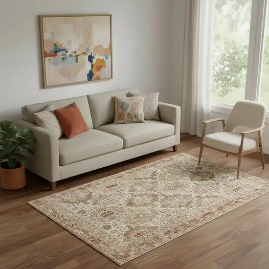 Ivory And Red Geometric Distressed Area Rug Photo 1