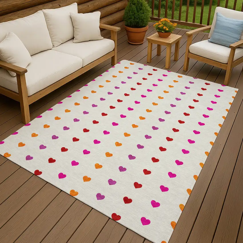 Ivory And Red Geometric Washable Indoor Outdoor Area Rug Photo 7