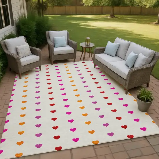 Ivory And Red Geometric Washable Indoor Outdoor Area Rug Photo 4