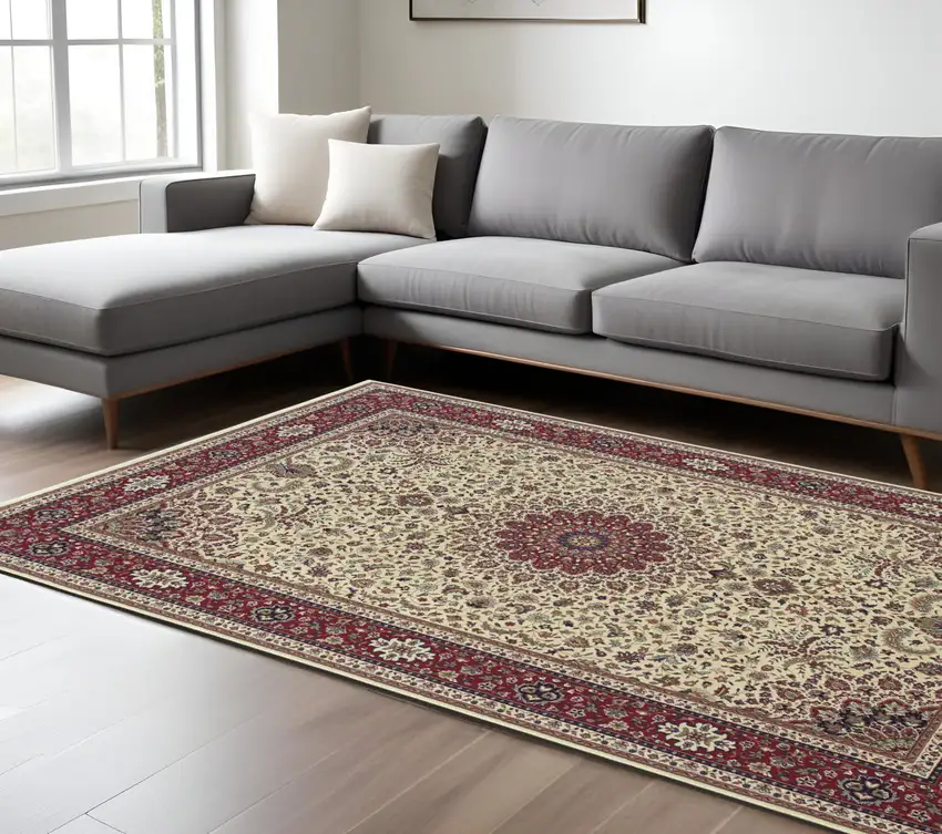 Ivory And Red Oriental Area Rug Photo 1