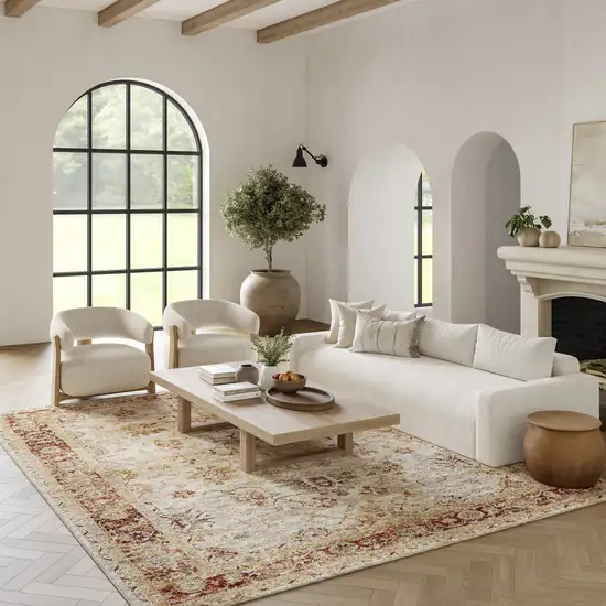 Ivory And Red Oriental Distressed Area Rug Photo 5