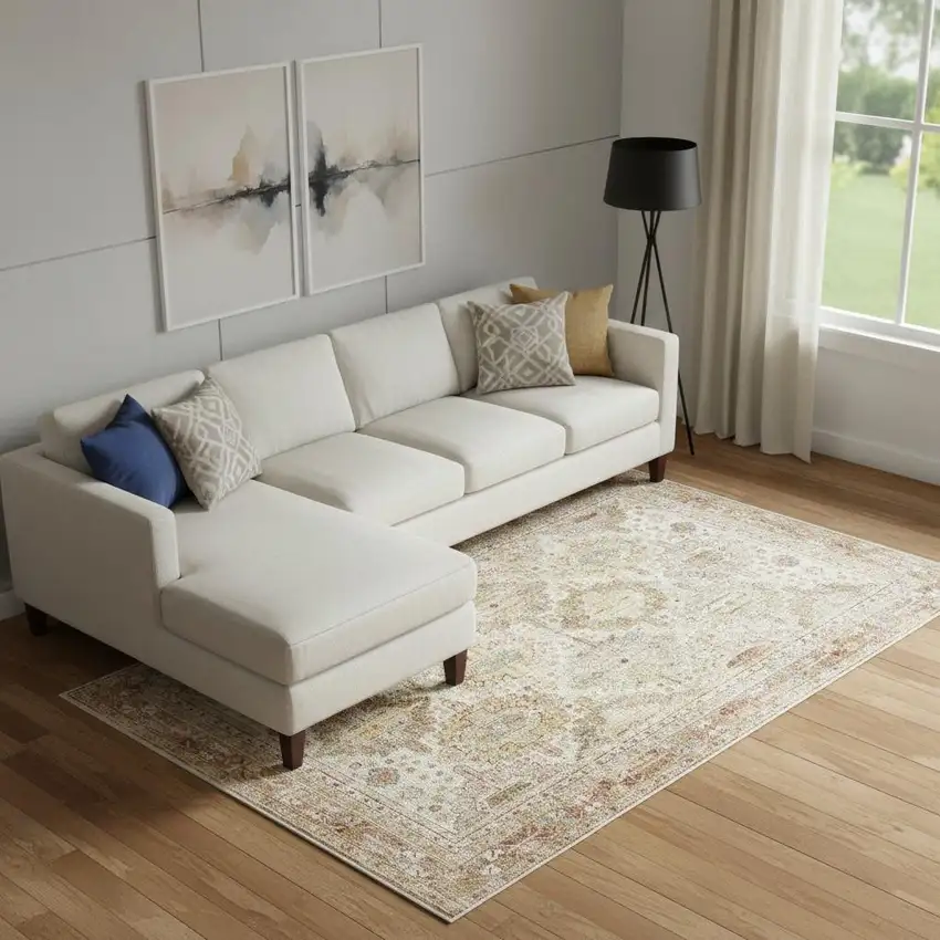 Ivory And Red Oriental Distressed Area Rug Photo 1