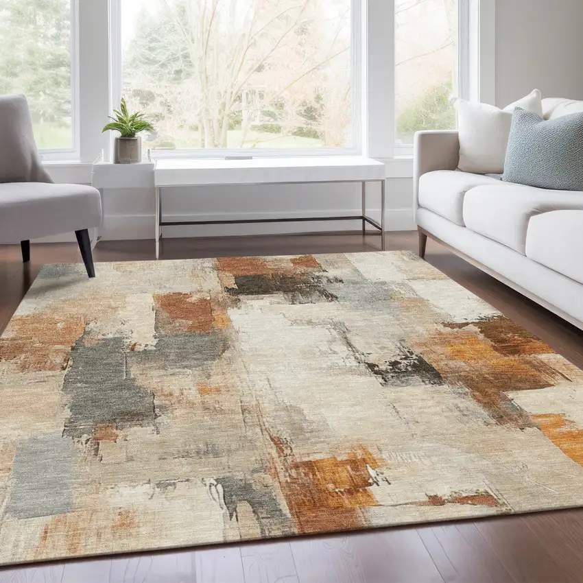 Ivory And Rust Abstract Washable Indoor Outdoor Area Rug Photo 7