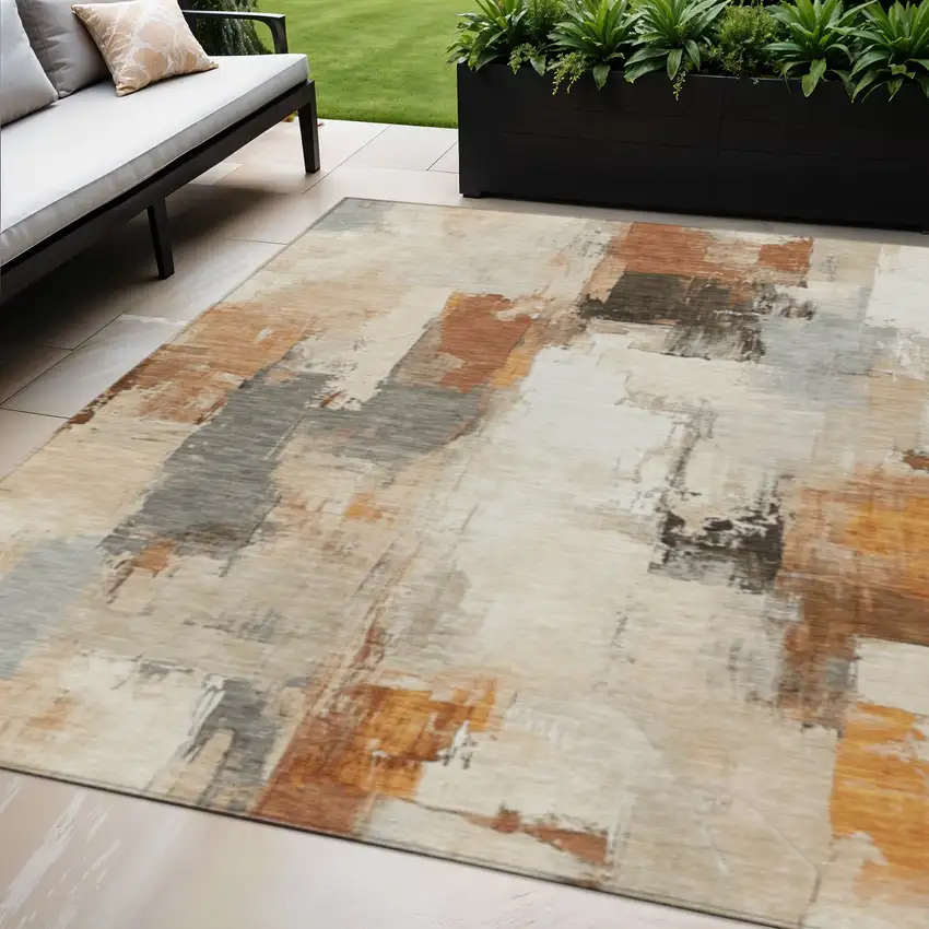 Ivory And Rust Abstract Washable Indoor Outdoor Area Rug Photo 1