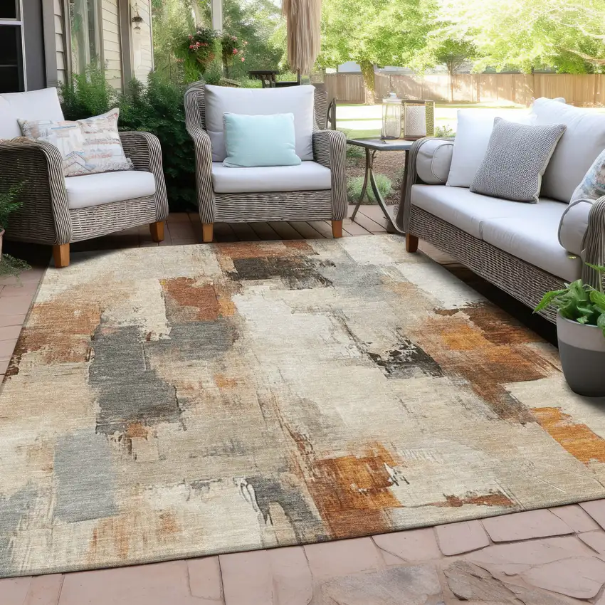 Ivory And Rust Abstract Washable Indoor Outdoor Area Rug Photo 4