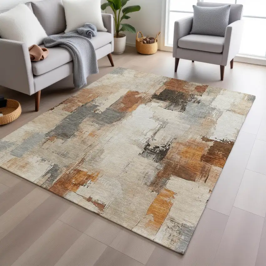 Ivory And Rust Abstract Washable Indoor Outdoor Area Rug Photo 6