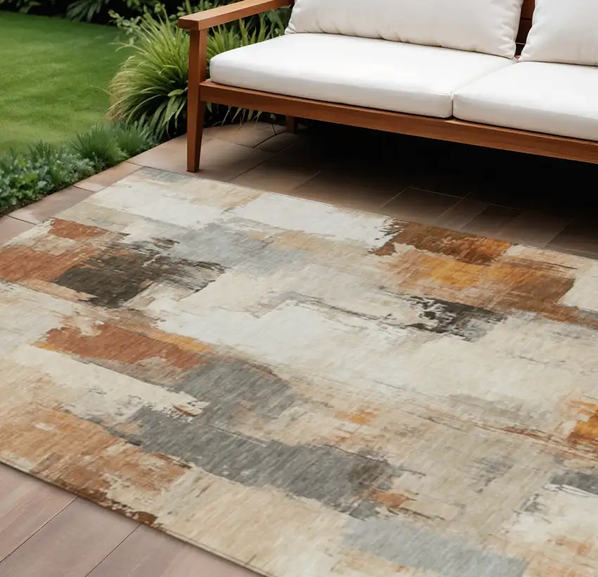Ivory And Rust Abstract Washable Indoor Outdoor Area Rug Photo 2