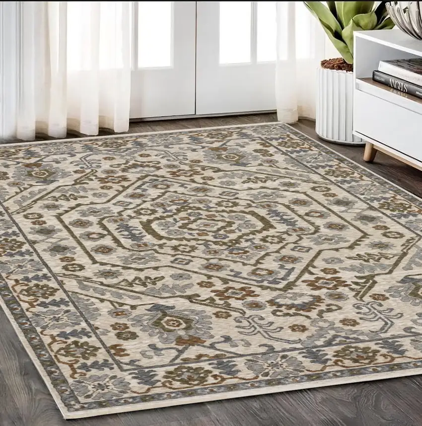 Ivory And Rust Floral Area Rug With Fringe Photo 1