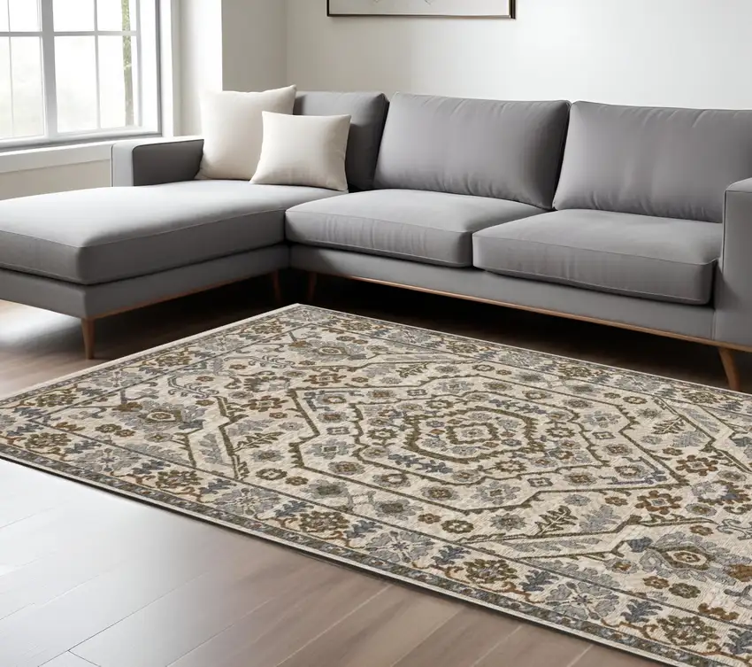 Ivory And Rust Floral Area Rug With Fringe Photo 1