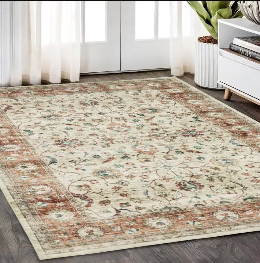 Ivory And Rust Oriental Distressed Area Rug Photo 1