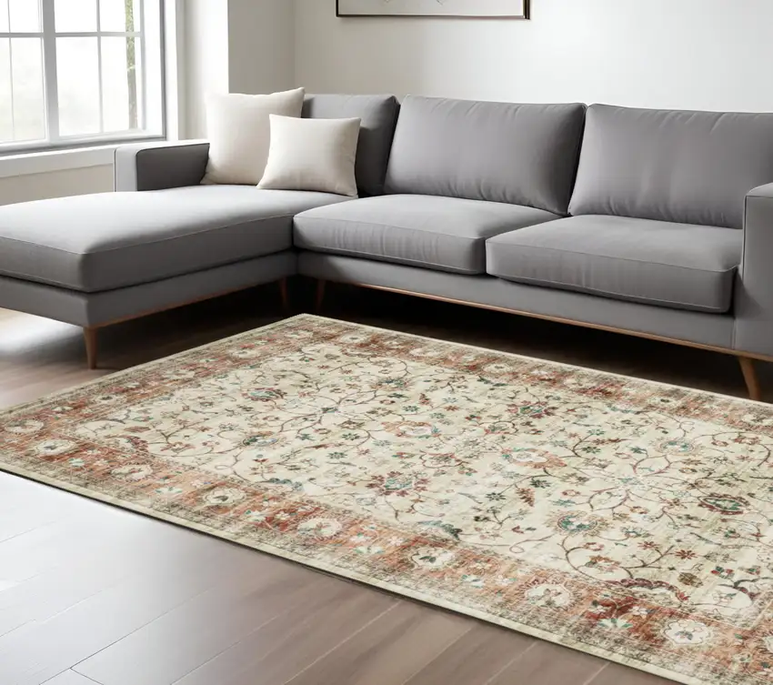 Ivory And Rust Oriental Distressed Area Rug Photo 1