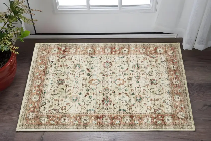 Ivory And Rust Oriental Distressed Area Rug Photo 1