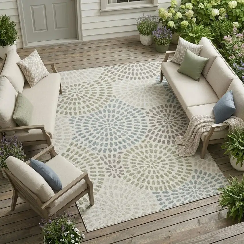 Ivory And Sage Geometric Washable Indoor Outdoor Area Rug Photo 1
