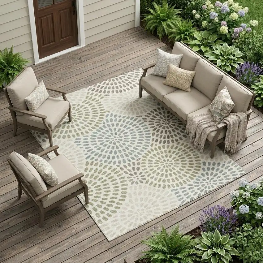 Ivory And Sage Geometric Washable Indoor Outdoor Area Rug Photo 1