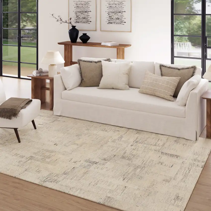 Ivory And Silver Abstract Hand Tufted Square Rug Photo 6