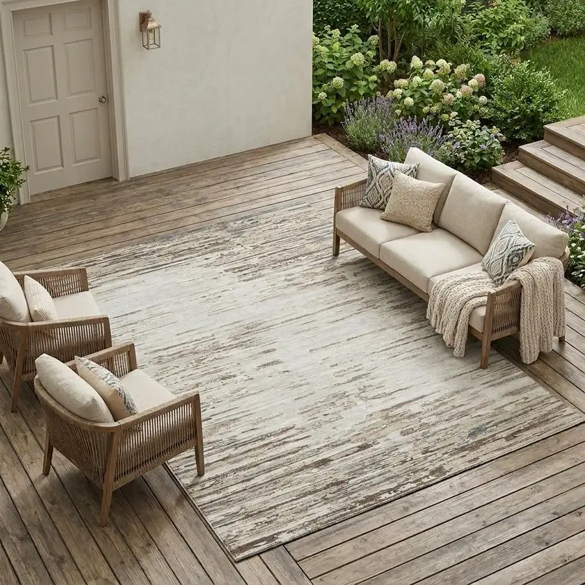 Ivory And Silver Abstract Washable Indoor Outdoor Area Rug Photo 1