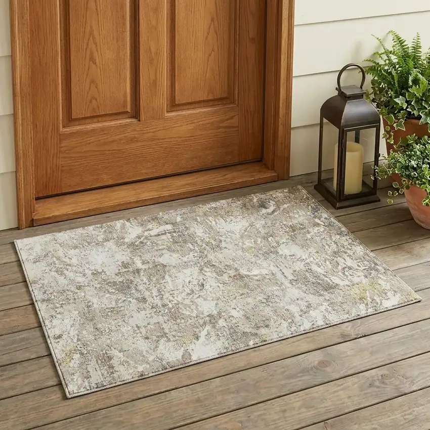 Ivory And Silver Abstract Washable Indoor Outdoor Area Rug Photo 1