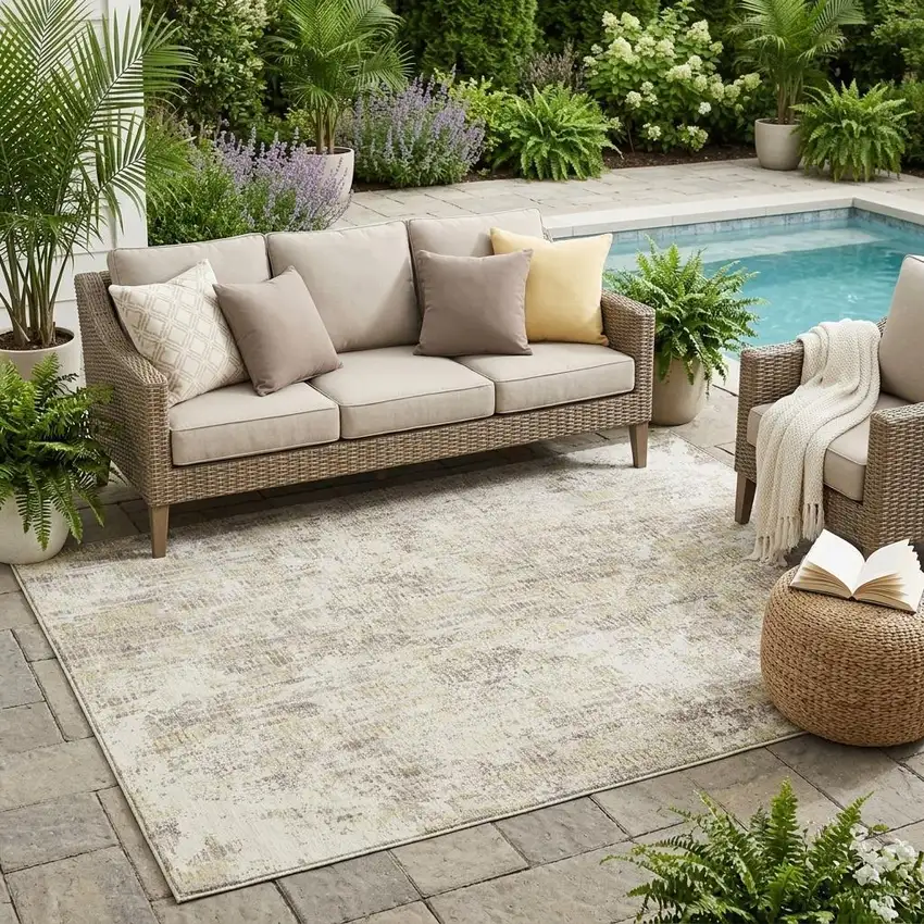 Ivory And Silver Abstract Washable Indoor Outdoor Area Rug Photo 1
