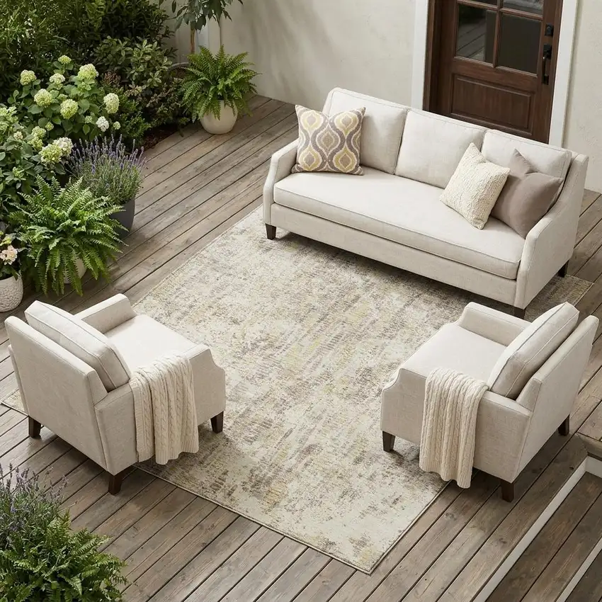 Ivory And Silver Abstract Washable Indoor Outdoor Area Rug Photo 1