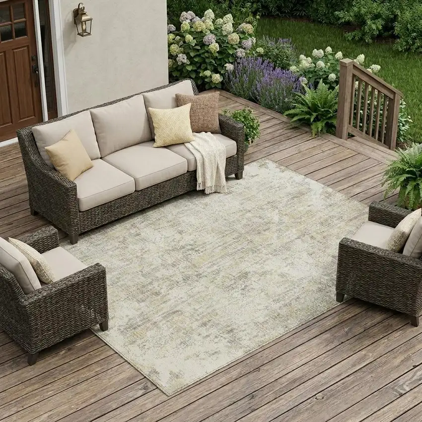Ivory And Silver Abstract Washable Indoor Outdoor Area Rug Photo 1