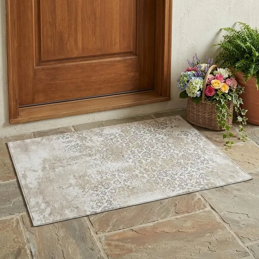 Ivory And Silver Abstract Washable Indoor Outdoor Area Rug Photo 1
