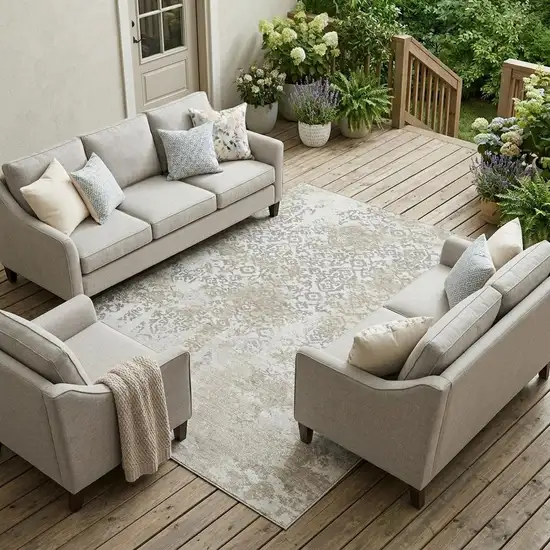 Ivory And Silver Abstract Washable Indoor Outdoor Area Rug Photo 1