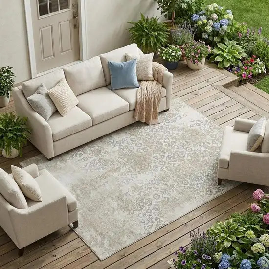 Ivory And Silver Abstract Washable Indoor Outdoor Area Rug Photo 1