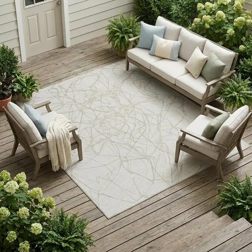 Ivory And Silver Abstract Washable Indoor Outdoor Area Rug Photo 1