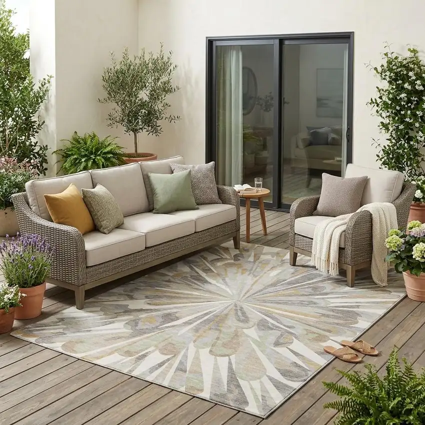 Ivory And Silver Abstract Washable Indoor Outdoor Area Rug Photo 1