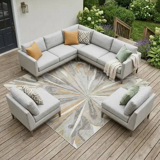 Ivory And Silver Abstract Washable Indoor Outdoor Area Rug Photo 1