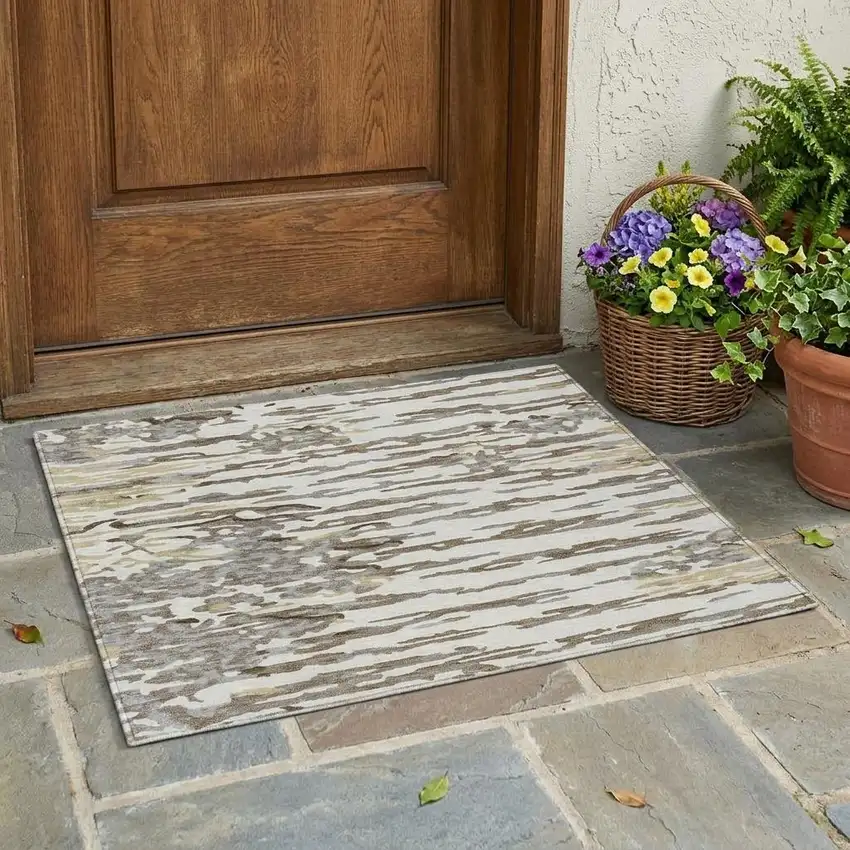 Ivory And Silver Abstract Washable Indoor Outdoor Area Rug Photo 1