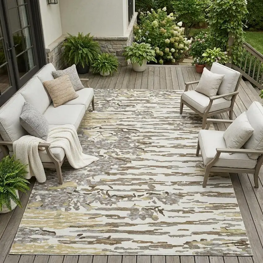 Ivory And Silver Abstract Washable Indoor Outdoor Area Rug Photo 1