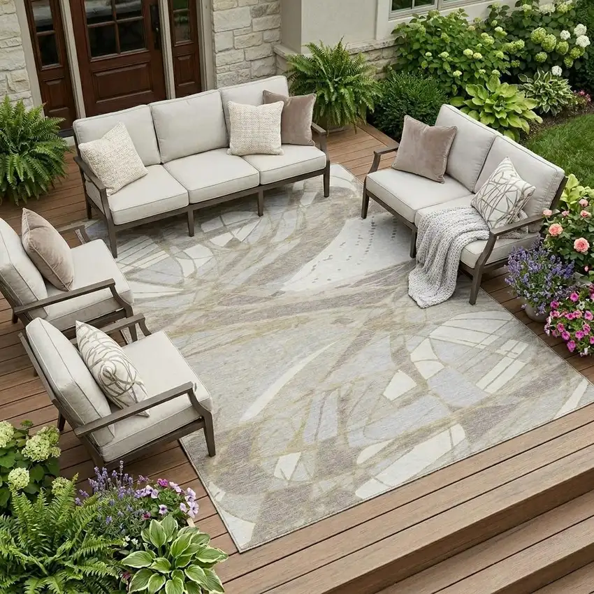 Ivory And Silver Abstract Washable Indoor Outdoor Area Rug Photo 1
