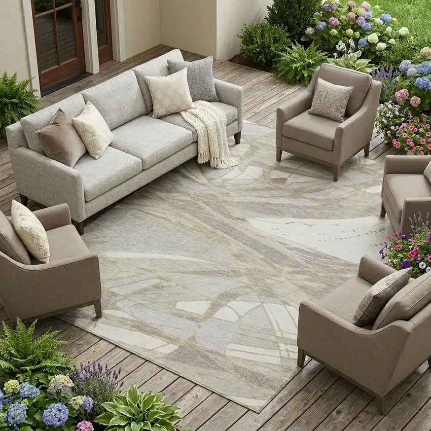 Ivory And Silver Abstract Washable Indoor Outdoor Area Rug Photo 1