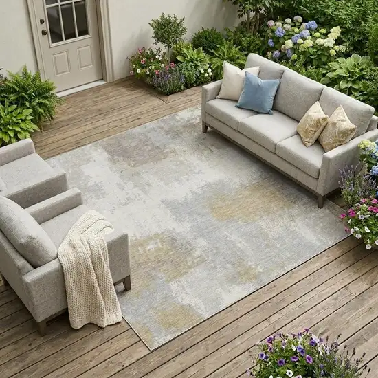 Ivory And Silver Abstract Washable Indoor Outdoor Area Rug Photo 1