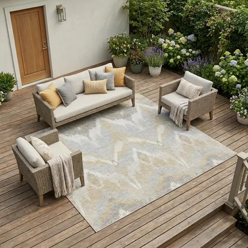 Ivory And Silver Abstract Washable Indoor Outdoor Area Rug Photo 1
