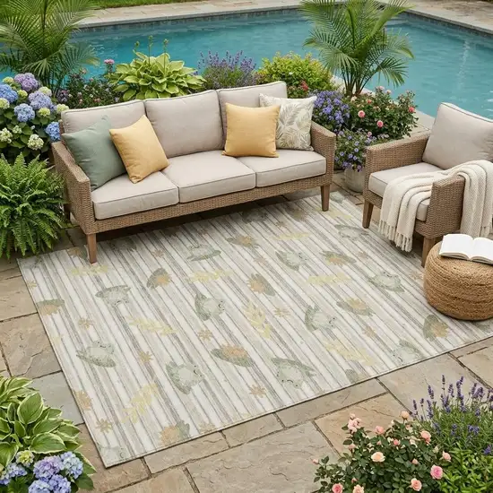 Ivory And Silver Botanical Leaves Washable Indoor Outdoor Area Rug Photo 1