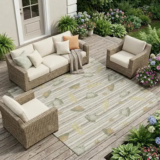 Ivory And Silver Botanical Leaves Washable Indoor Outdoor Area Rug Photo 1