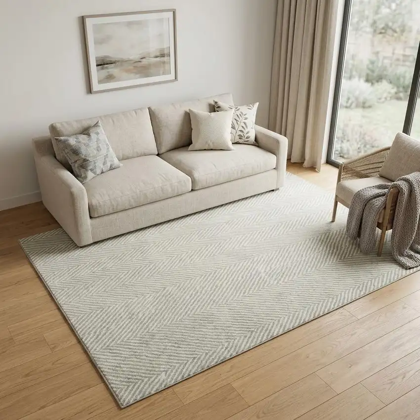 Ivory And Silver Chevron Hand Woven Area Rug Photo 1