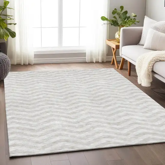 Ivory And Silver Chevron Washable Indoor Outdoor Area Rug Photo 9
