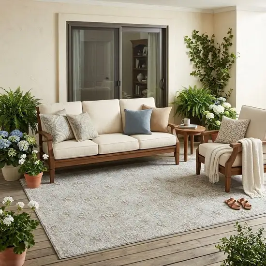 Ivory And Silver Damask Washable Indoor Outdoor Area Rug Photo 1