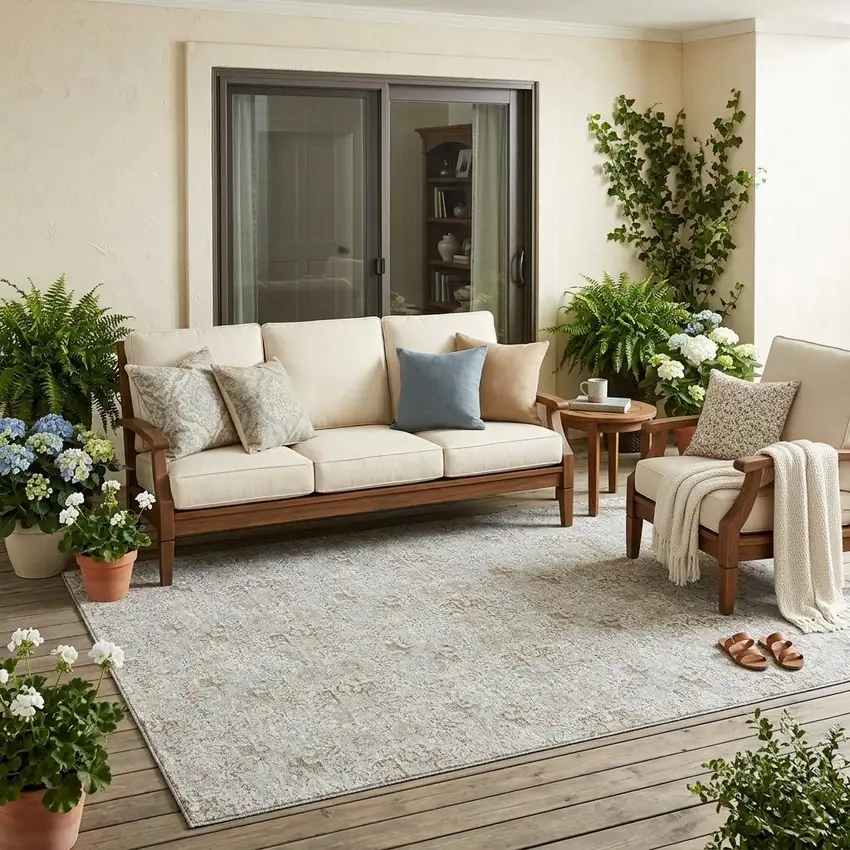 Ivory And Silver Damask Washable Indoor Outdoor Area Rug Photo 1