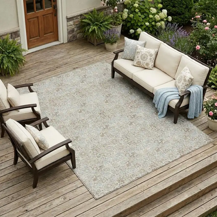 Ivory And Silver Damask Washable Indoor Outdoor Area Rug Photo 1