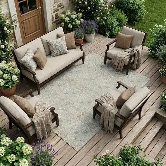 Ivory And Silver Damask Washable Indoor Outdoor Area Rug Photo 1